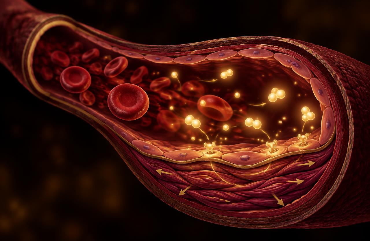 Illustration of nitric oxide helping a blood vessel relax
