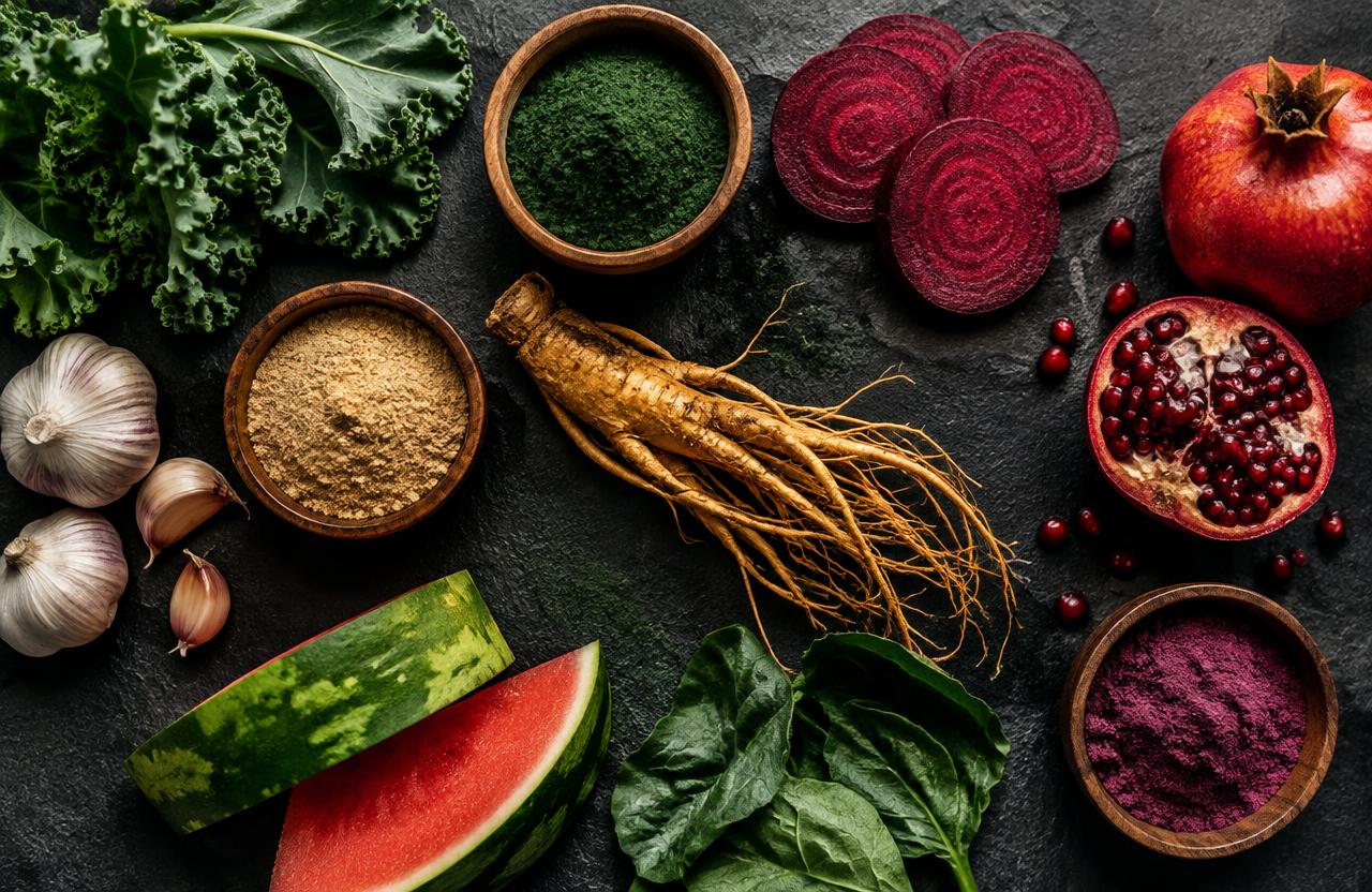 Beetroot, pomegranate, ginseng, garlic, watermelon and leafy greens