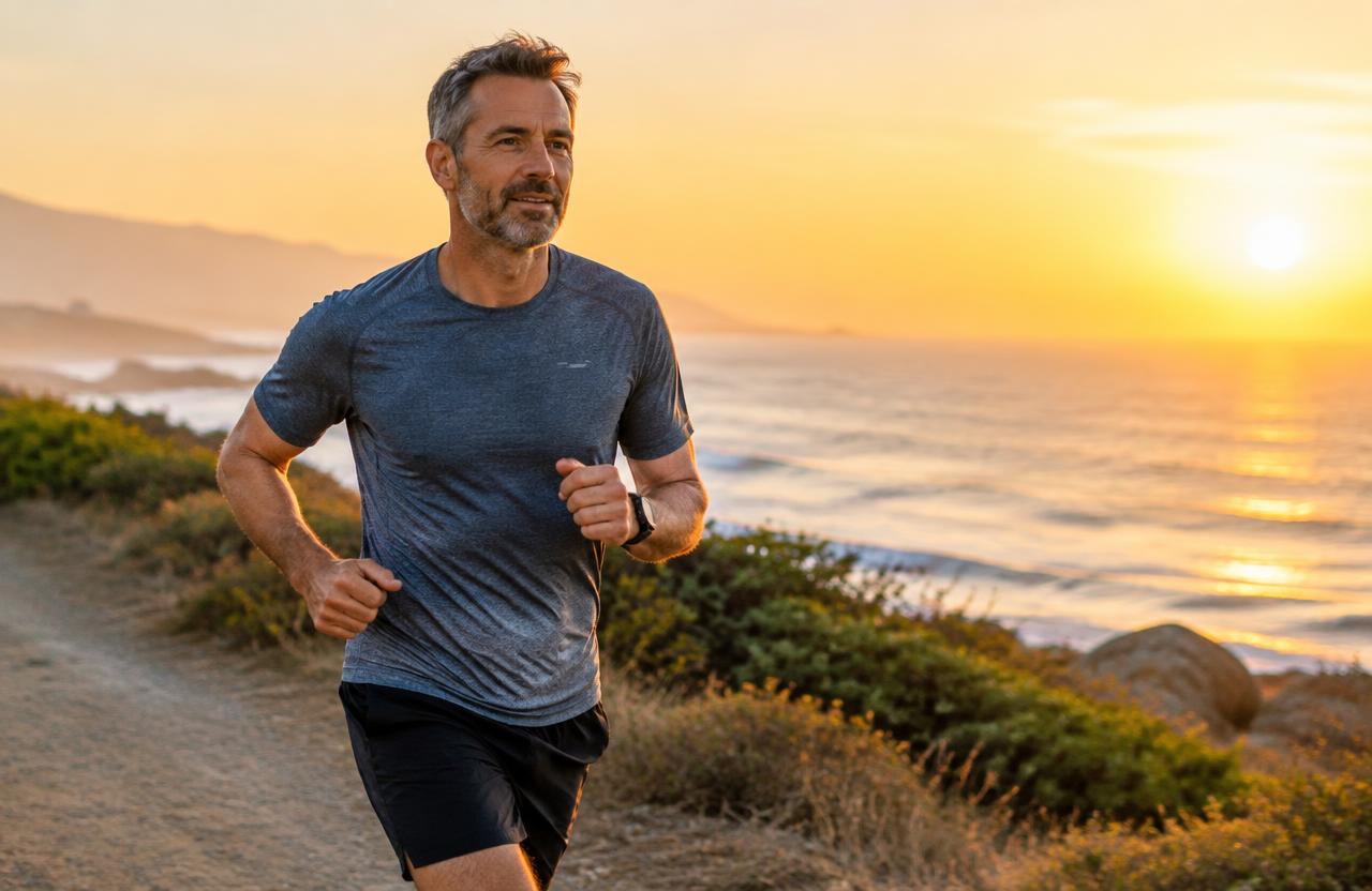 Man jogging along the coast at sunrise